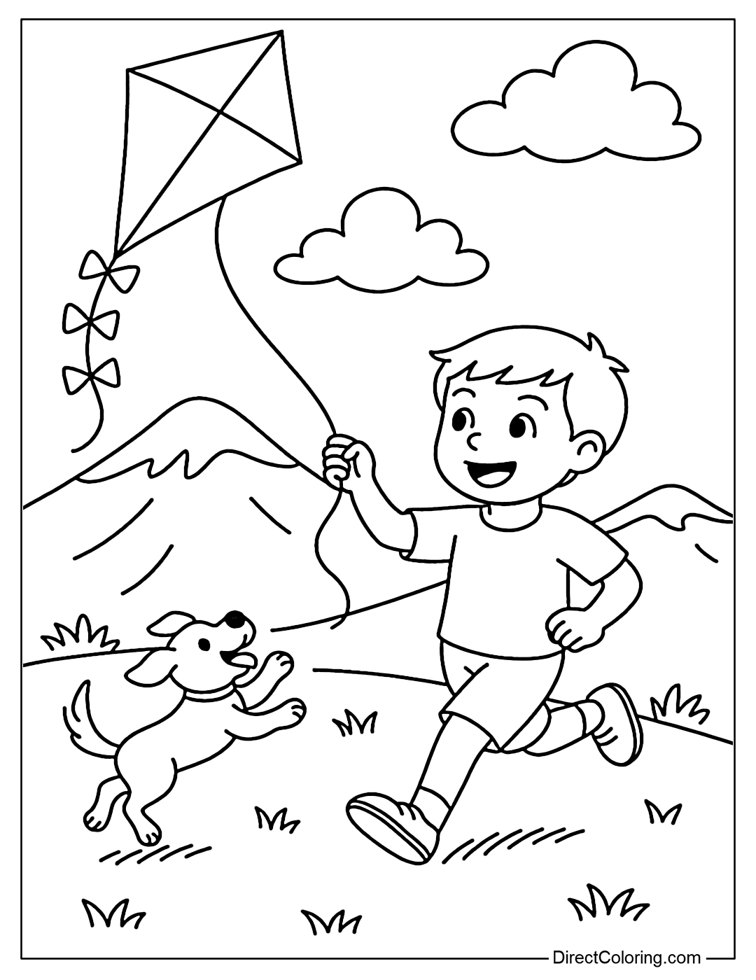 Coloring page of a boy flying a kite, the dog next to him jumps after the kite's tail.